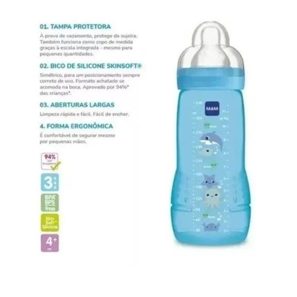 Mamadeira Easy Active Bico 4m+ Azul 330ml - Mam Animais