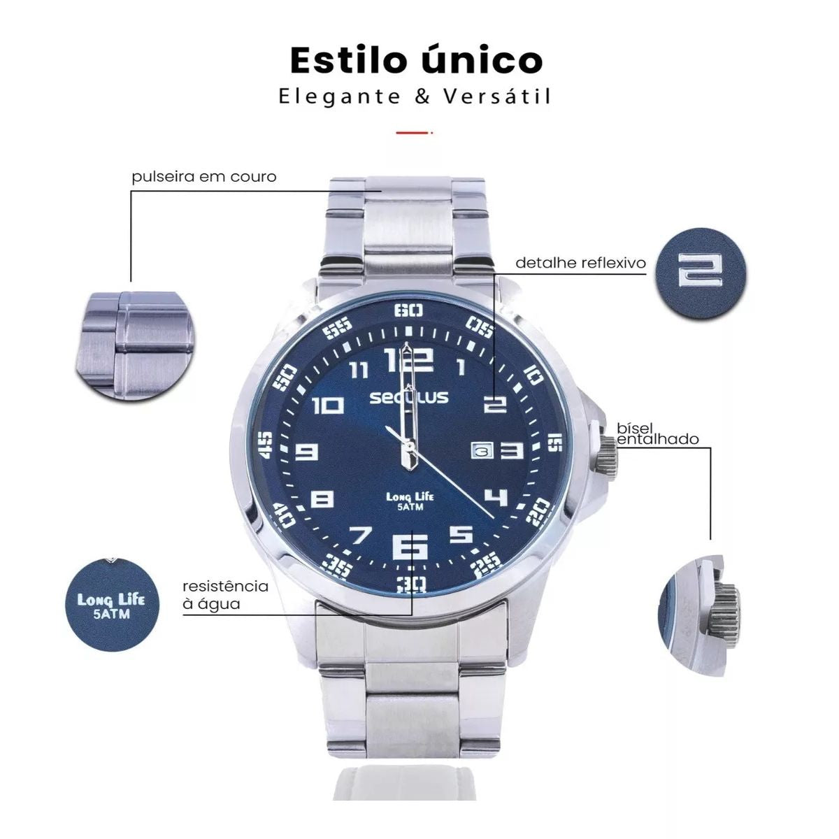 Relógio Seculus Masculino Prateado Original prova d'água