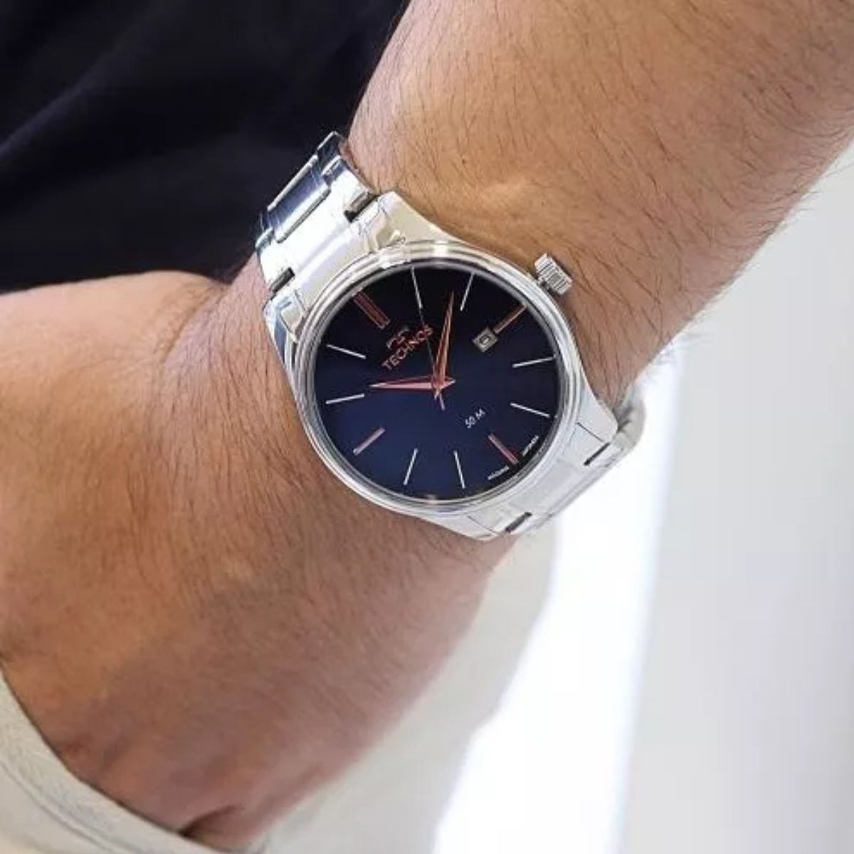 Relógio Technos Masculino Prata fundo Azul Prova d'água