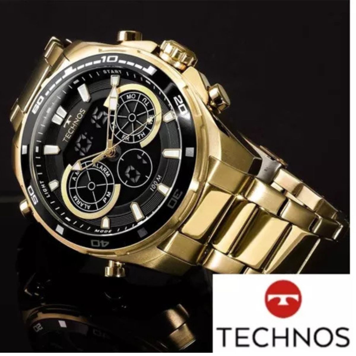 Relógio Masculino Technos Sport Digiana Dourado fundo Preto