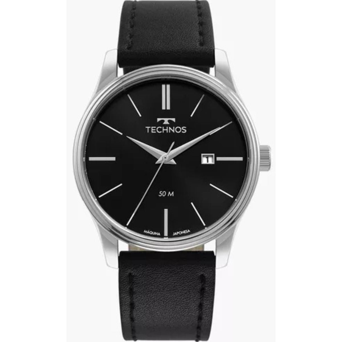 Relógio Technos Masculino Steel Prata Correia Preta Couro