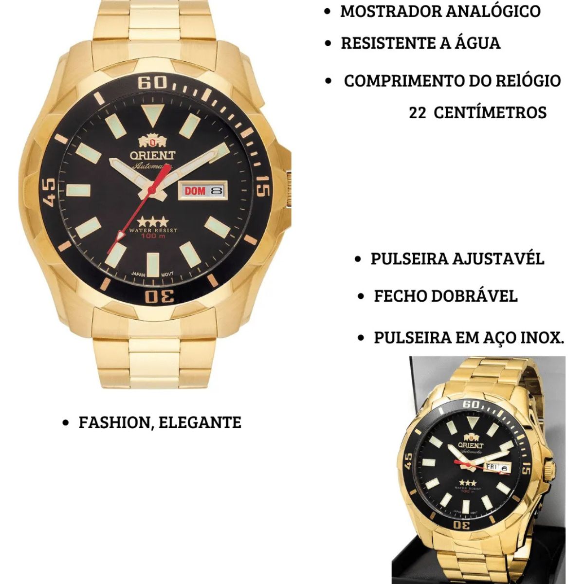 Relógio ORIENT Dourado Masculino Automático Calendário duplo