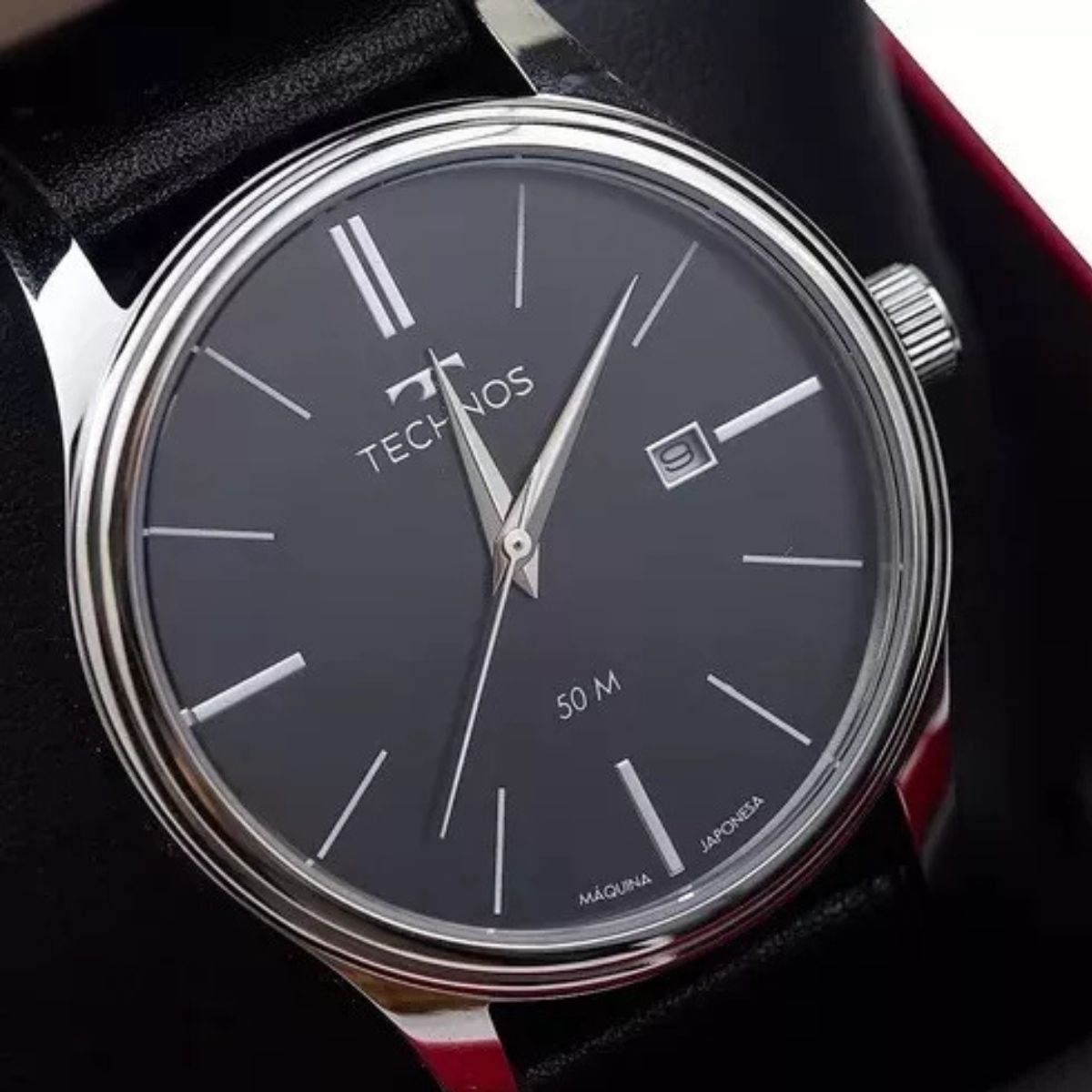 Relógio Technos Masculino Steel Prata Correia Preta Couro