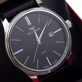 Relógio Technos Masculino Steel Prata Correia Preta Couro
