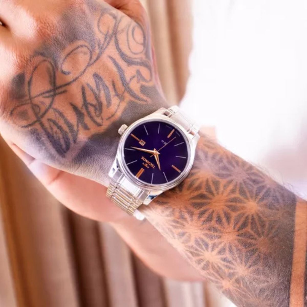 Relógio Technos Masculino Prata fundo Azul Prova d'água